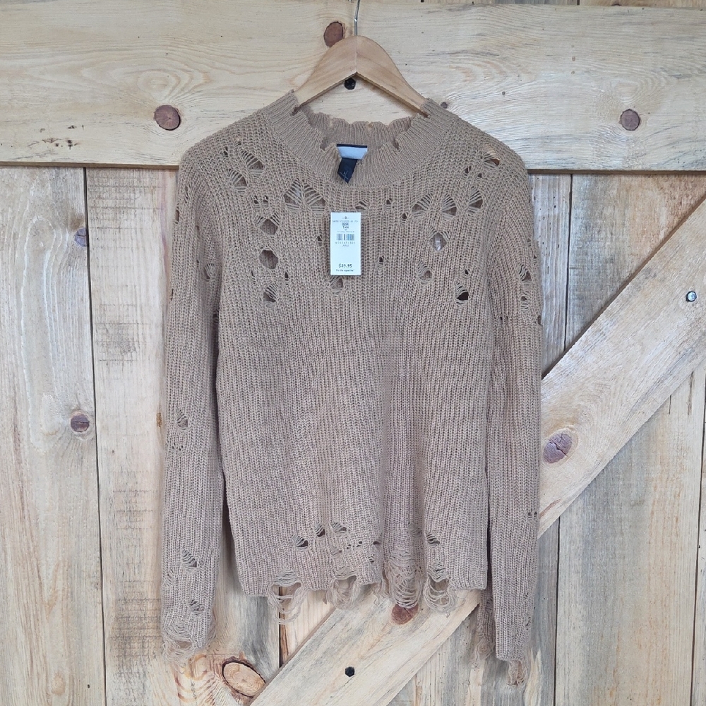 Buckle Tan Distressed Crew Neck Sweater